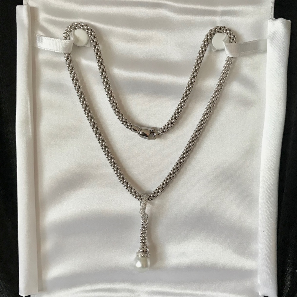Cultured Pearl, Diamond and White Gold Necklace